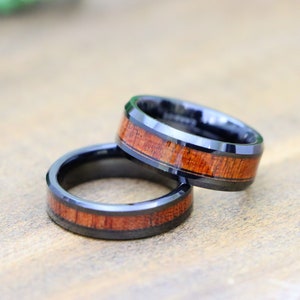 Aloha Koa Ring Black Tungsten Ring, Hawaiian Wood Ring, Black Couple Ring, Wood Engagement Ring Wedding Ring, Wooden Ring for Men and Women