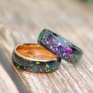 Rose Gold Tungsten Ring Galaxy Opal Ring His OR Hers Black Tungsten Wedding Band,Opal Inlay Wedding Ring Anniversary Ring Opal Tungsten Ring