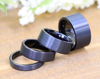 Matte Brushed Black Tungsten Couple Matching Wedding Band, Pipe Cut Black Bands, Man's And Women's Engagement Ring, Couple Anniversary Ring
