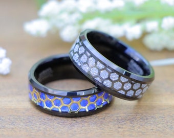 Modern Style Meteorite Inlay Honeycomb Black Tungsten Rings, Beveled Edge Wedding Rings for Men, Opal Inlay Anniversary Promise Ring for Him