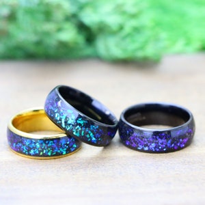 Blue Opal & Abalone Fragment Inlay Mens Wedding Ring, Engraved Engagement Ring, Womens Wedding Band, Galaxy Opal Men&#39;s Ring Comfort Fit Band