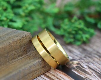 Matte Gold Wedding Rings, Thin Flat Ring, Yellow Gold Tungsten Ring, Simple 4mm-6mm Man Woman Wedding Band, Couple Wedding Ring Gift For Him