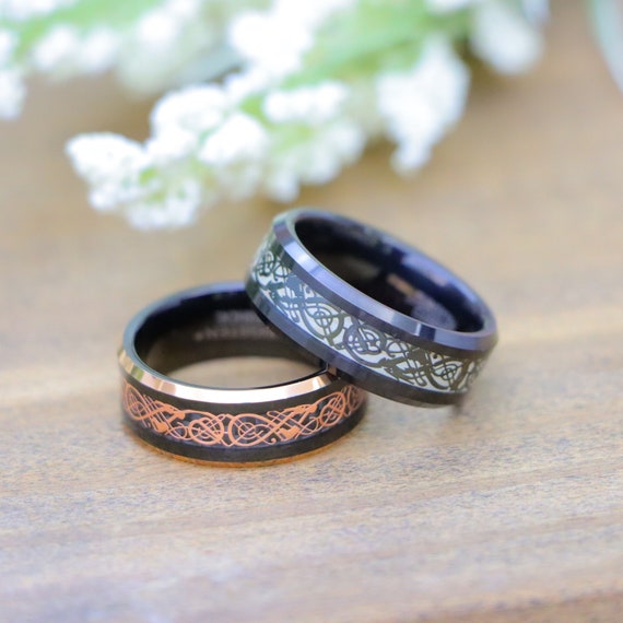 6/8mm Black Tungsten Men's Ring Green Carbon Fiber Celtic Dragon