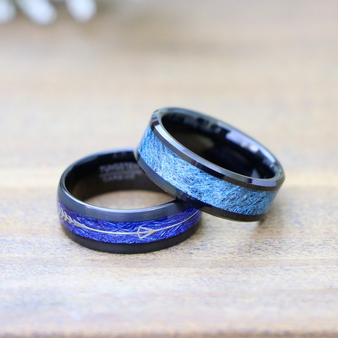 Black Ion Plated W/ Feathered Arrow Inlay on Blue Meteorite Tungsten ...