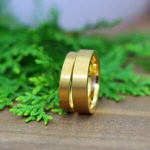 Matte Gold Wedding Rings, Thin Flat Ring, Yellow Gold Tungsten Ring, Simple 4mm-6mm Man Woman Wedding Band, Minimalist Custom Engraved Ring bild 3