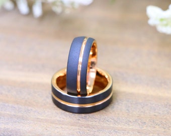 Black and Gold Strip Wedding Band, Mens Ring,Mens Black Wedding Ring, Black and Gold Ring Tungsten, Wedding Band Gold Valentine Gift For Him