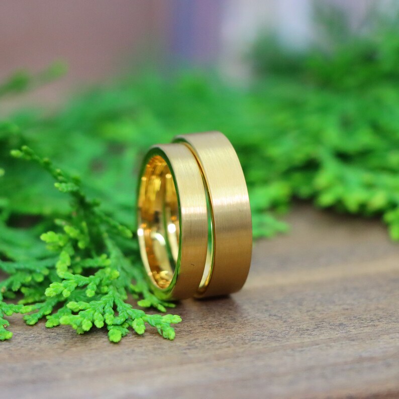Matte Gold Wedding Rings, Thin Flat Ring, Yellow Gold Tungsten Ring, Simple 4mm-6mm Man Woman Wedding Band, Minimalist Custom Engraved Ring 4mm (Her Ring)
