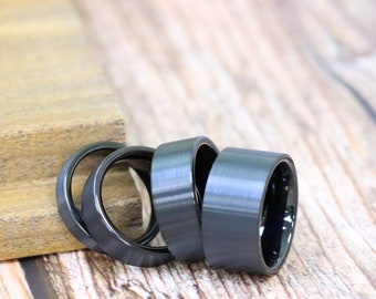 Matte Brushed Black Tungsten Couple Matching Wedding Band, Pipe Cut Black Bands, Man's And Women's Engagement Ring, Custom Wedding Ring