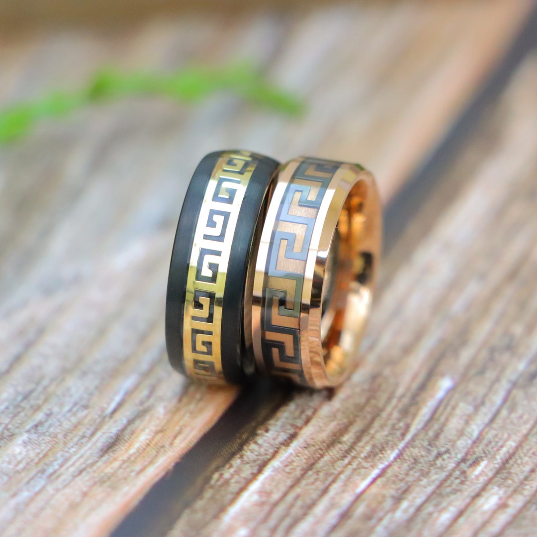 Wedding Band Withgreek Key Inlay Rose Gold Engagement Ring Black ...