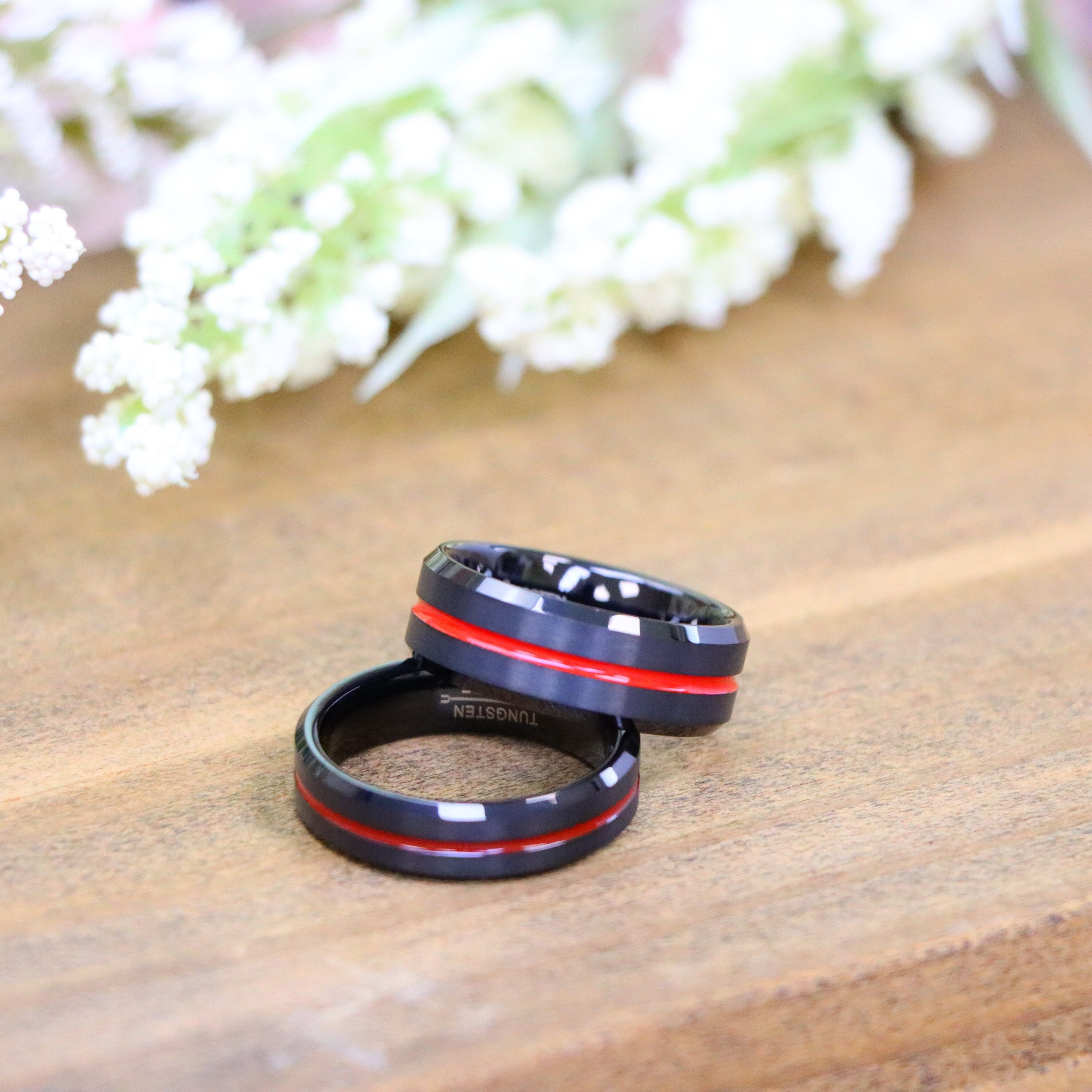 Couple Wedding Ring, Engraved Firefighter Thin Red Line Ring, Black Men Couple Wedding Ring, Engraved Firefighter Thin Red Line Ring, Black Men