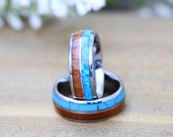 Hawaiian Koa & Blue Turquoise Inlay Rings, Koa Wood Inlay Wedding Ring, Fire Blue Opal Wedding Ring, Anniversary Ring for Men, Couple Ring