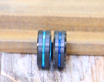 Engagement Ring for Men, Black and Blue Tungsten Ring, His and Hers Wedding Ring, Special date Ring, Personalized Engraved Engagement Rings