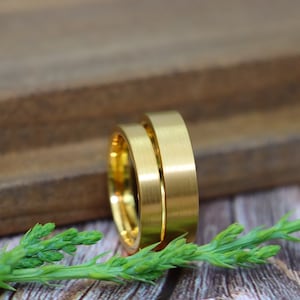 Matte Gold Wedding Rings, Thin Flat Ring, Yellow Gold Tungsten Ring, Simple 4mm-6mm Man Woman Wedding Band, Minimalist Custom Engraved Ring bild 8