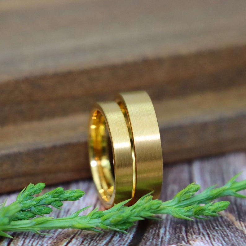 Matte Gold Wedding Rings, Thin Flat Ring, Yellow Gold Tungsten Ring, Simple 4mm-6mm Man Woman Wedding Band, Minimalist Custom Engraved Ring bild 8