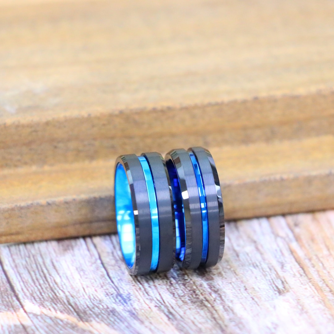 Blue Line Rings For Men Mens Wedding Band Blue Ring, Beveled Black Tungsten Wedding Band Mens ...