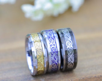Tungsten Carbide Celtic Dragon Wedding Band, 8mm Comfort Fit Ring,  Blue Ring, Men's Thick Engagement Band, Couple Rings