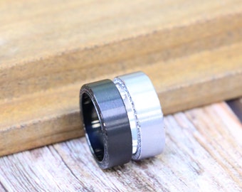 Hidden CZ Stone Men's Ring Black Titanium Wedding Ring, Wedding Band Anniversary Ring, Engagement Ring, Men Titanium Ring, Special date Ring