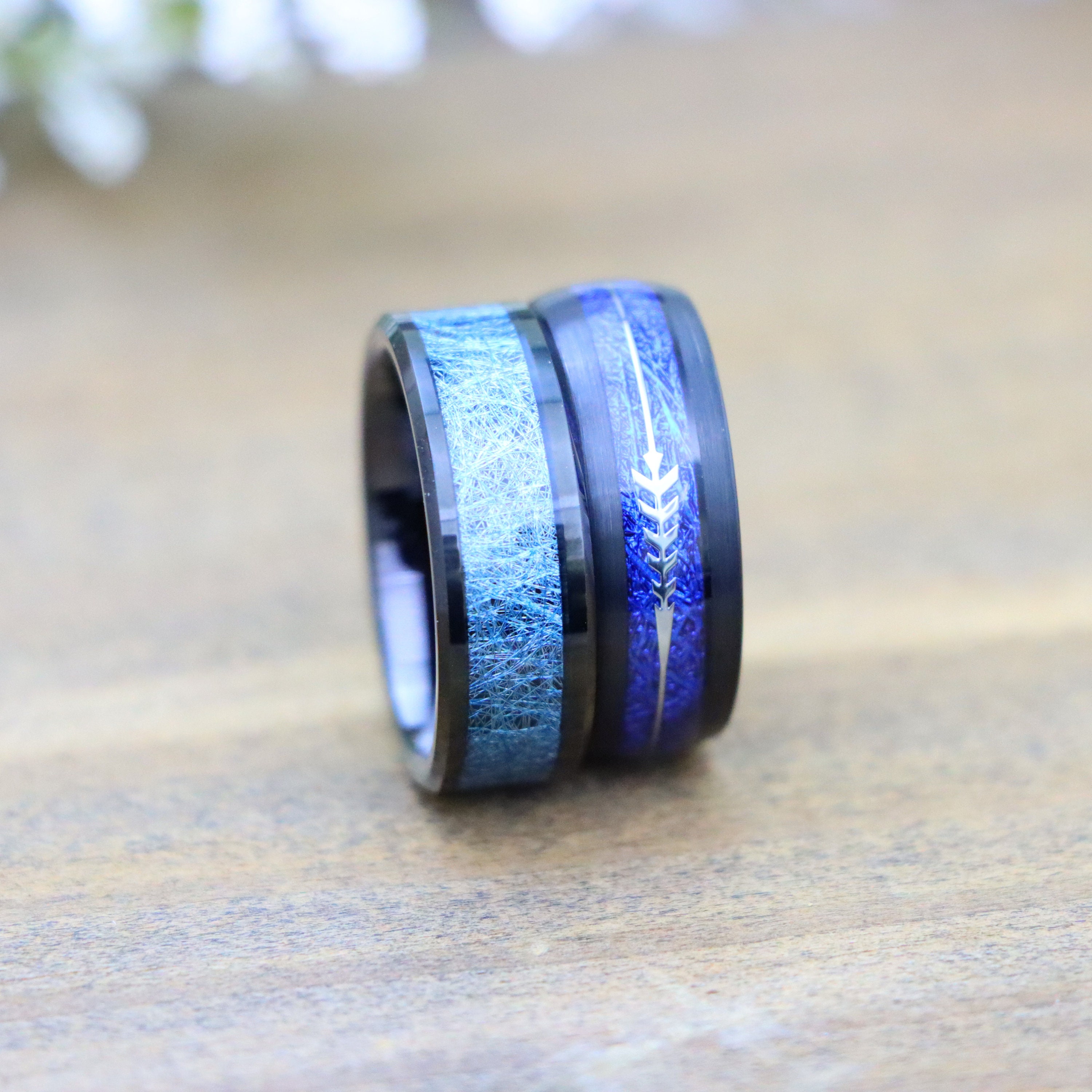 Blue Meteorite Inlay Engagement Ring Feathered Arrow Inlay Black ...