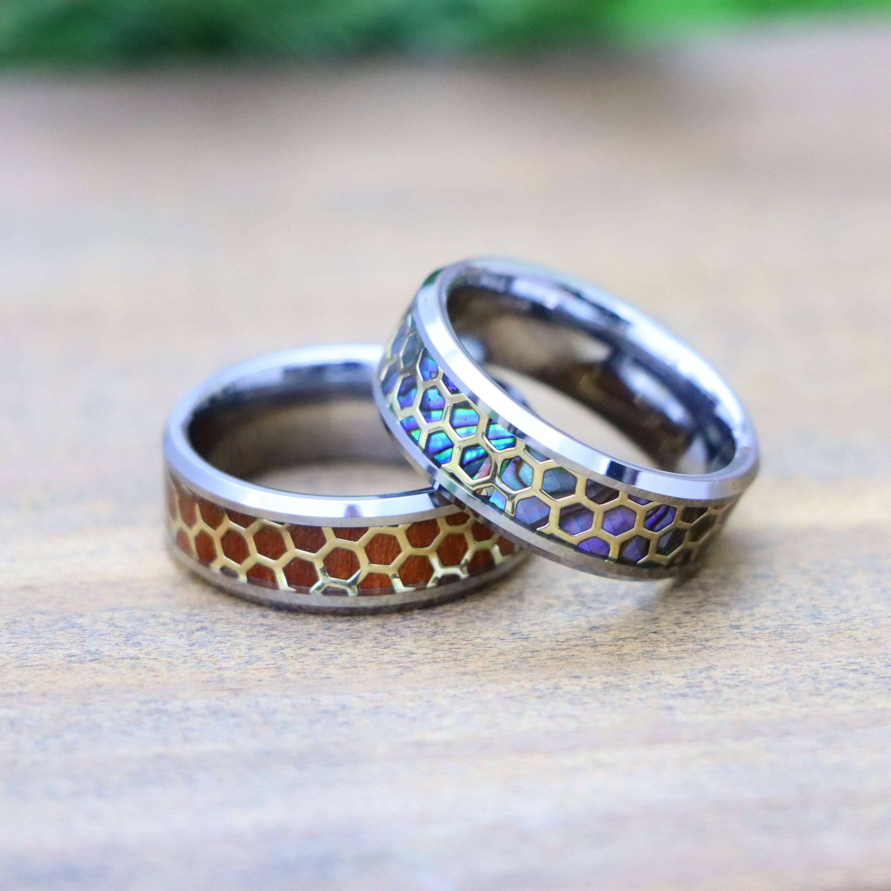 Silver Wedding Ring, Abalone Inlay Engagement Ring for Men & Women, Womens Wedding Band, Honeycomb Cut-out over Rosewood Inlay Tungsten Ring