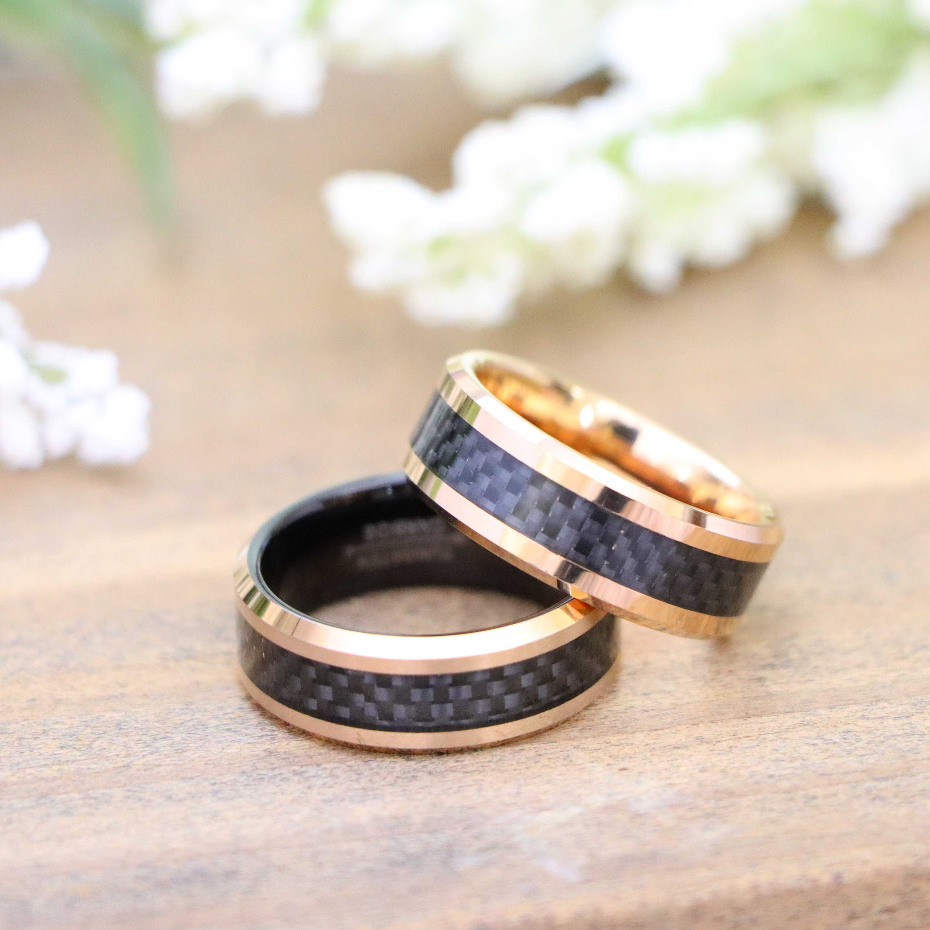 Engagement Ring Rose Gold Carbon Fiber Ring Rose Gold Black Carbon