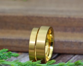 Matte Gold Wedding Rings, Couple Ring, Yellow Gold Tungsten Ring, Simple 4mm-6mm Man Woman Wedding Band, Minimalist Custom Engraved Ring