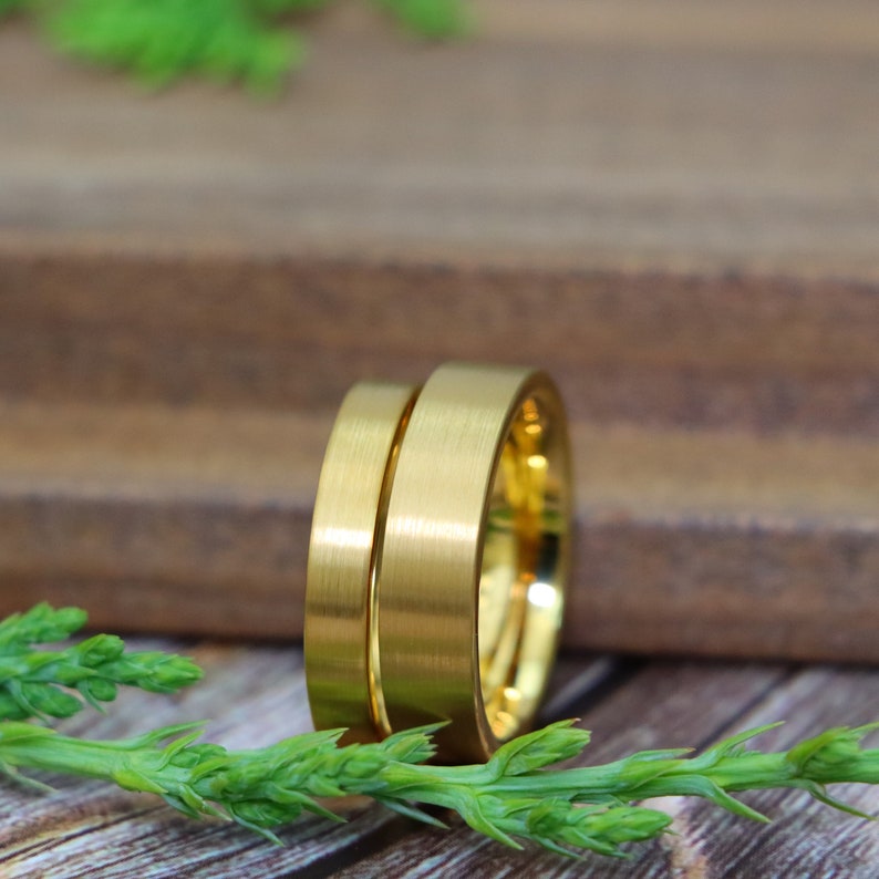 Matte Gold Wedding Rings, Thin Flat Ring, Yellow Gold Tungsten Ring, Simple 4mm-6mm Man Woman Wedding Band, Minimalist Custom Engraved Ring 6mm (His Ring)
