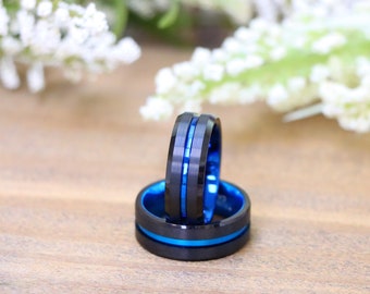 Engagement Ring for Men, Black and Blue Tungsten Ring, Husband Valentine Gift, Mans Wedding Band, Personalized Engraved Engagement Rings