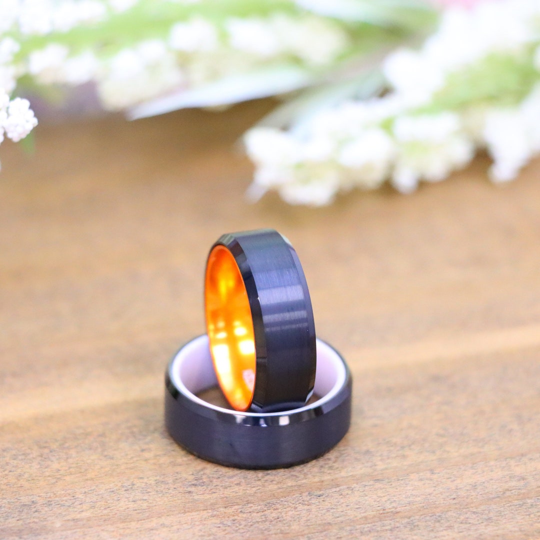 Bright Orange Tungsten Rings Black & Orange Wedding Band Promise ...