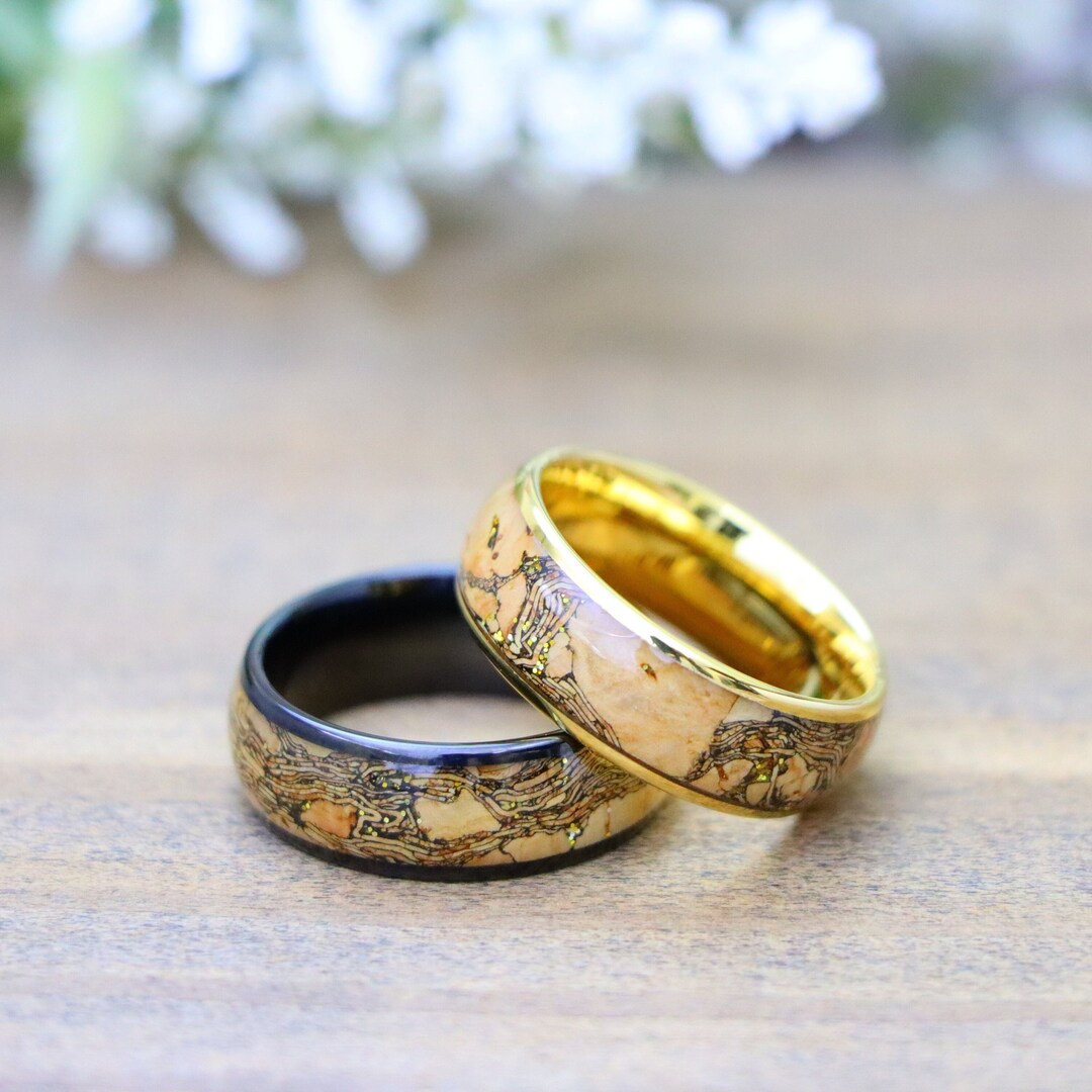 Cork and Gold Glitter Inlay Engagement Ring, Cork Wedding Ring, Yellow ...