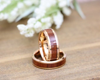 Personalized Engraved Ring, Hawaiian Koa Wood Inlay Ring, Rose Gold Ring, Couple Ring, Unique Wooden Ring, Couples Bands, Proposal Ring