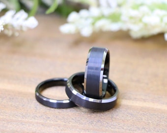 His and Hers Tungsten Wedding Band, 4mm-6mm-8mm Black Tungsten Ring, Men's Engagement Ring, Gift ring for women, Silver Polished Edges Inlay