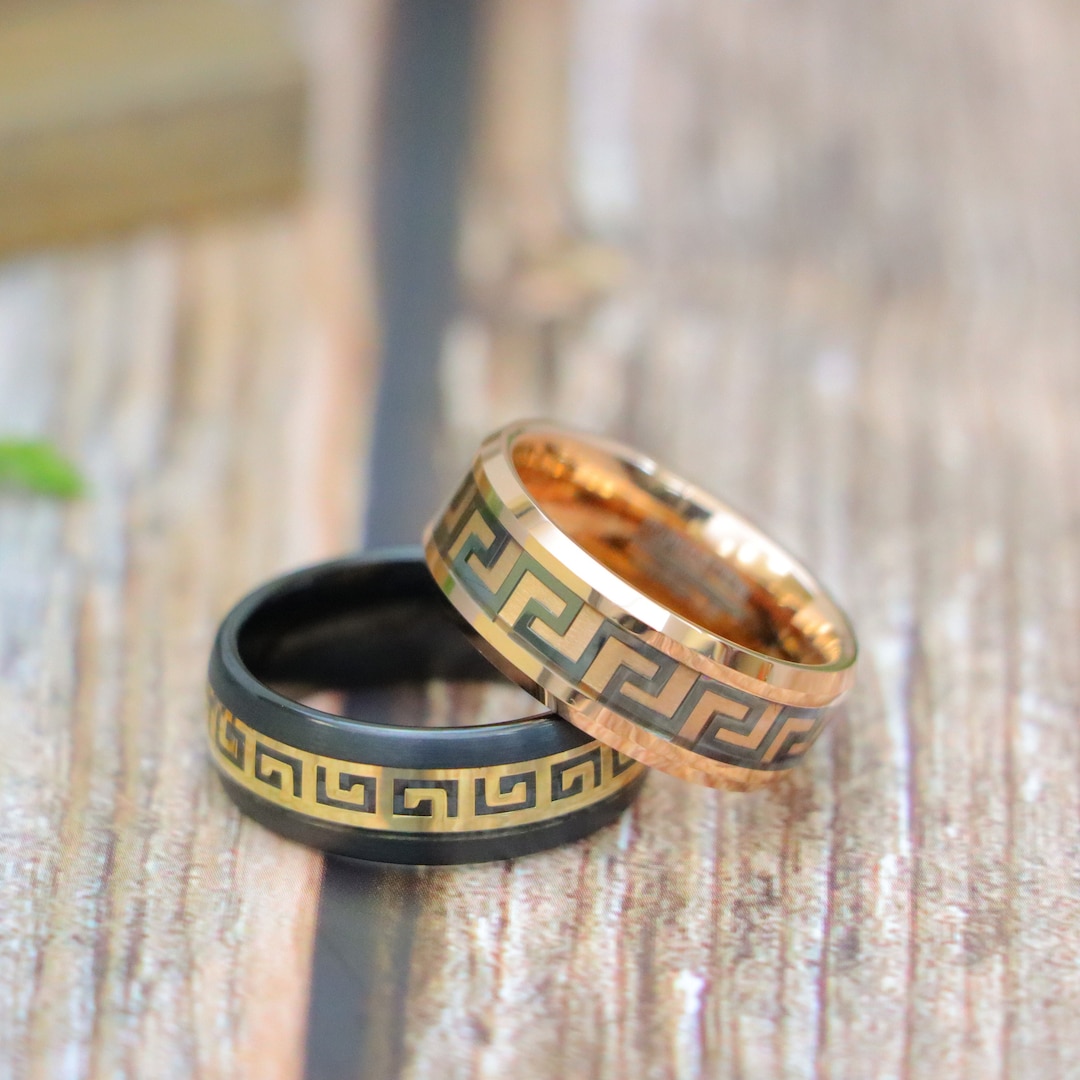 Greek Colours Rings Wedding Band With Greek Key Inlay Rose Gold Engagement Ring, Black ...