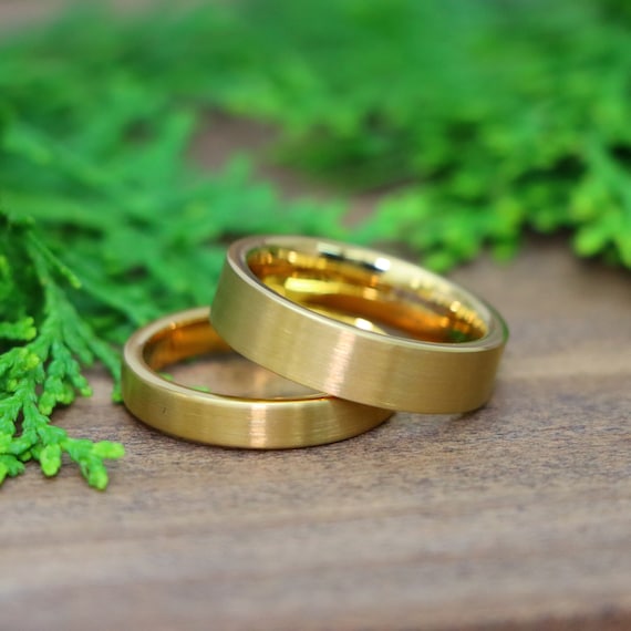 Matte Gold Wedding Rings, Thin Flat Ring, Yellow Gold Tungsten Ring, Simple 4mm-6mm Man Woman Wedding Band, Minimalist Custom Engraved Ring