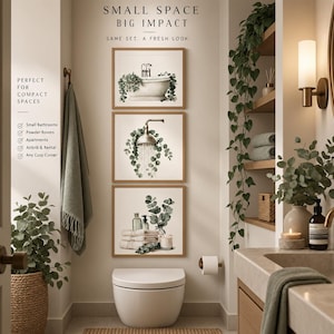 May include: A set of three square wall art prints in light wood frames featuring watercolor illustrations of a bathtub, a shower head, and bathroom accessories with greenery. The text reads SMALL SPACE BIG IMPACT and SAME SET. A FRESH LOOK.