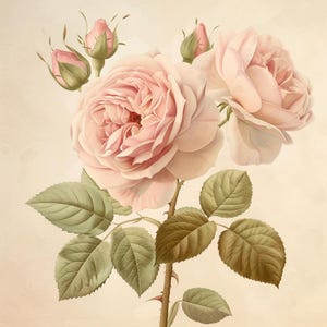 Stampa botanica di rose rosa cipria, arte floreale vintage ad acquerello (download digitale)
