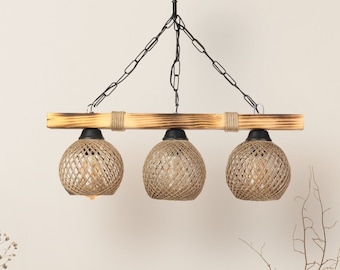 Rope Ceiling Light, Rustic Rope Chandelier, Farmhouse Pendant Light, Wooden Rope Light, Wood Rope Chandelier, Wooden Handmade, For Home