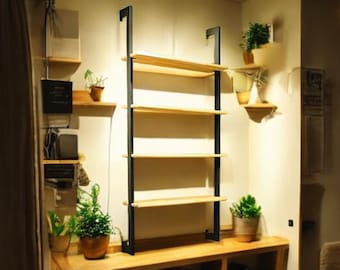 Librería industrial de madera maciza: estantería abierta de pared