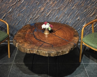 Rustic Walnut Coffee Table: Live Edge Epoxy Resin River Design