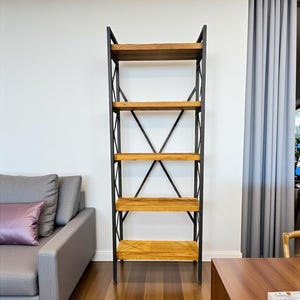 Walnut Wood Bookcase: Open Shelving with Metal Frame
