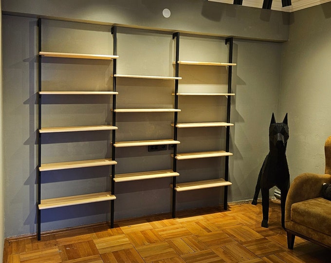 Featured listing image: Made to Order Solid Open Shelving Bookcase Wall Mounted, Wood Shelves Metal Book Storage, Wooden Library, Wooden Bookshelf, Massive Bookcase