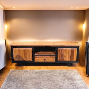 Walnut Wood Farmhouse Media Stand: Solid Wood & Metal TV Console