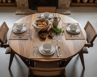 Mesa de comedor redonda de nogal hecha a mano: muebles de cocina rústicos de madera maciza, mesa de comedor