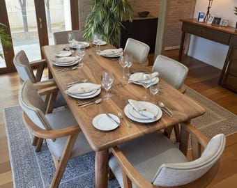 Mesa de comedor de nogal hecha a mano: Muebles de cocina rústicos modernos de madera maciza, mesa de comedor de nogal macizo hecha a mano en tamaños personalizados.
