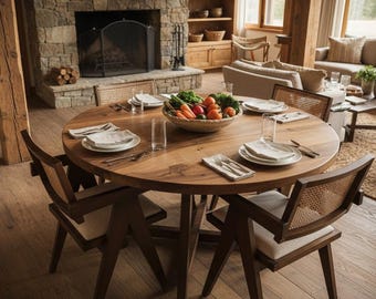 Mesa de comedor redonda de nogal hecha a mano: muebles de cocina rústicos de madera maciza