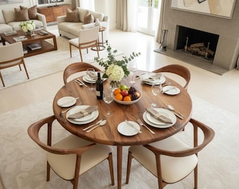 Mesa de comedor redonda de nogal hecha a mano: muebles rústicos de madera maciza