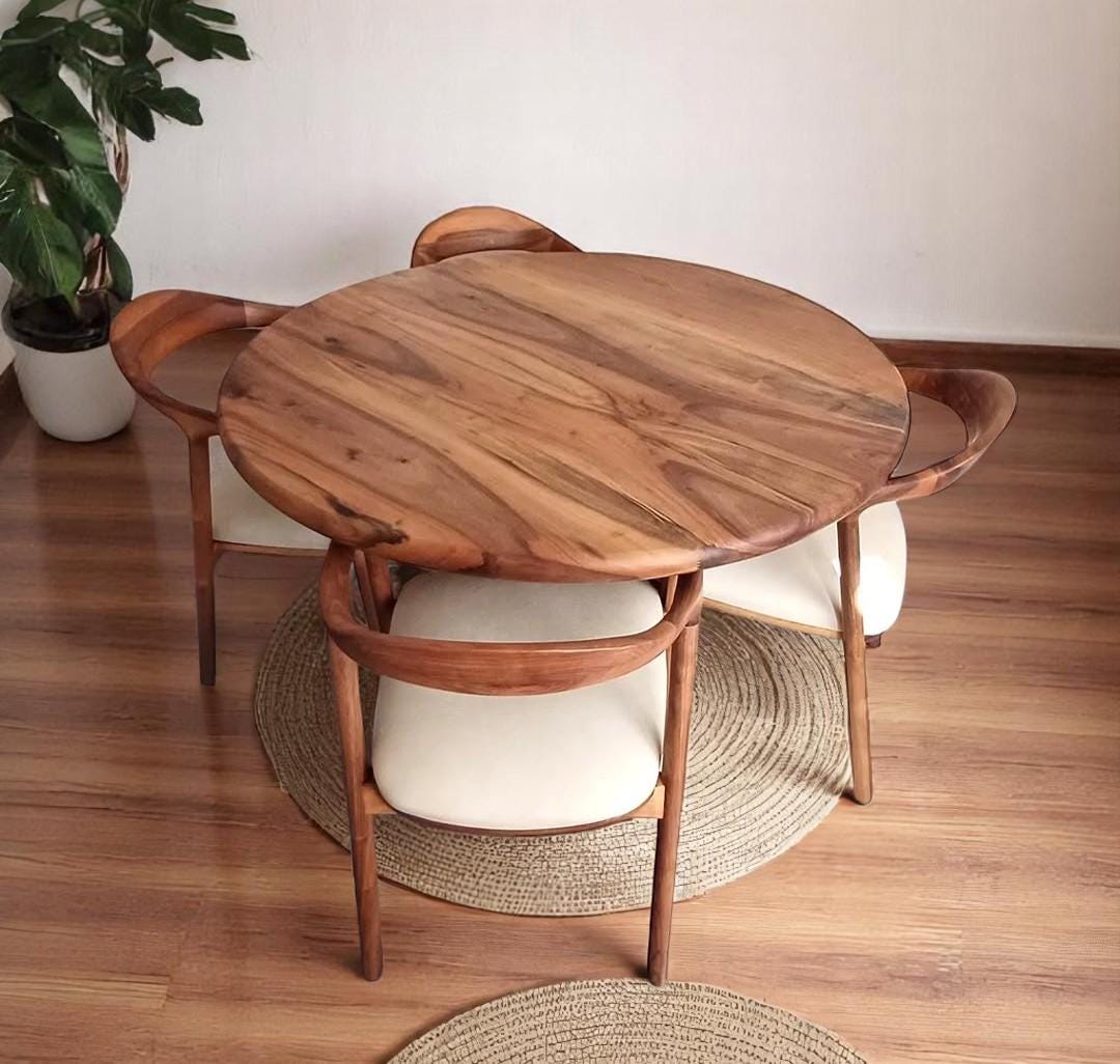 Handcrafted Round Walnut Dining Table: Rustic Solid Wood Furniture