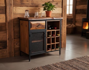 Handcrafted Walnut Wine Cabinet: Industrial Modern Liquor Bar