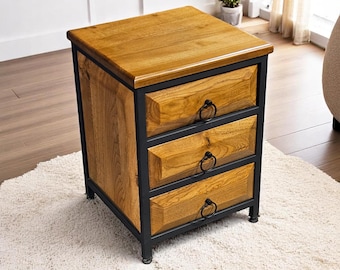 Handcrafted Walnut Wood Nightstand: Metal Frame Bedside Table