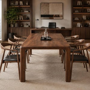 Puede incluir: Una mesa de comedor rectangular de madera con esquinas redondeadas y ocho sillas de madera a juego con asientos tapizados en negro. Una jarra de cristal transparente y dos vasos pequeños descansan sobre una bandeja rectangular negra.