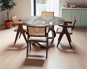 Mesa de comedor redonda de vidrio con patas de nogal - Muebles de cocina rústicos